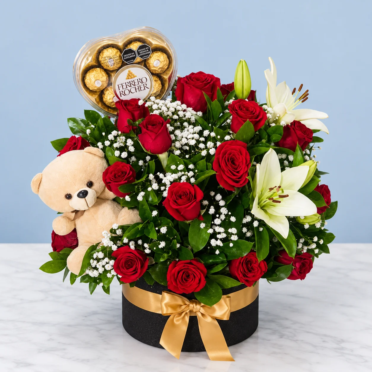Gran Cofre del Amor - Caja con rosas, lirios, peluche y chocolates