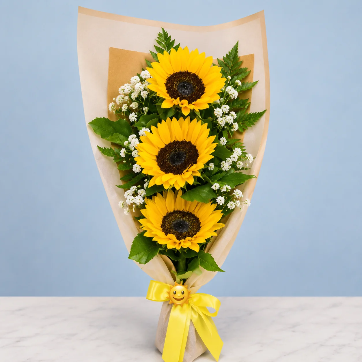 Trío de Girasoles - Ramo de tres girasoles con gypsophila